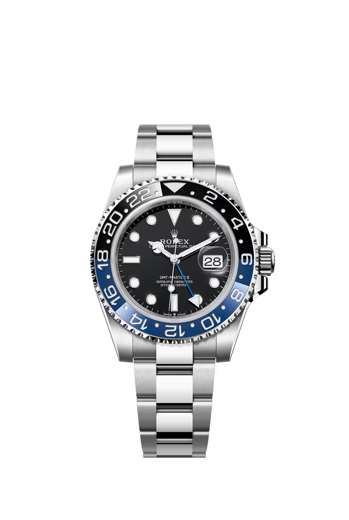 Silver Rolex with black face and blue accents on a white background
