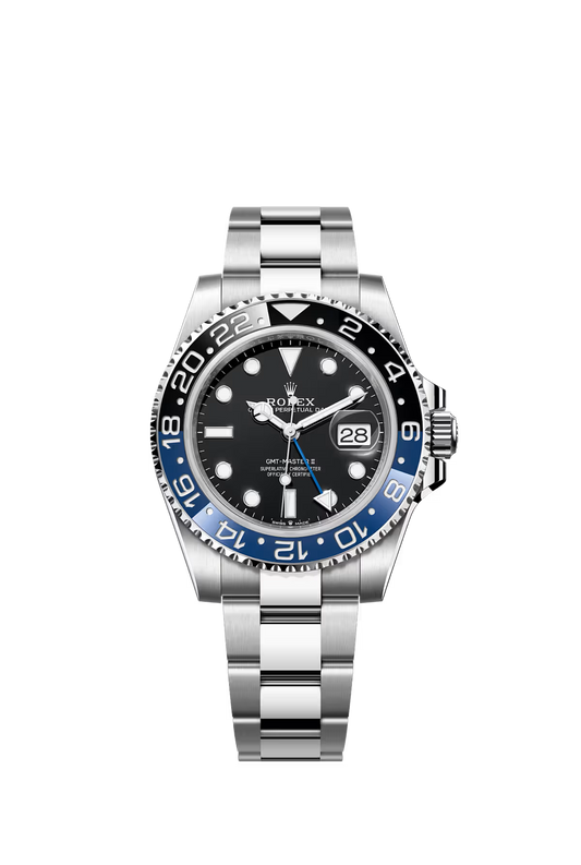 Silver Rolex with black face and blue accents on a white background
